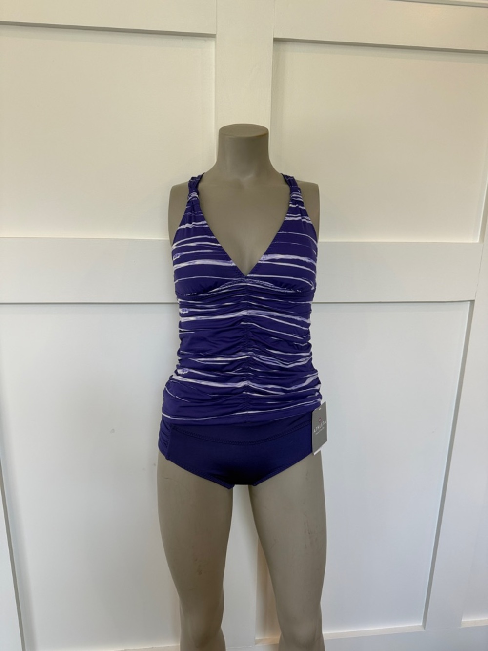 Athleta Purple Striped V-Neck Tankini Two Piece Swimsuit